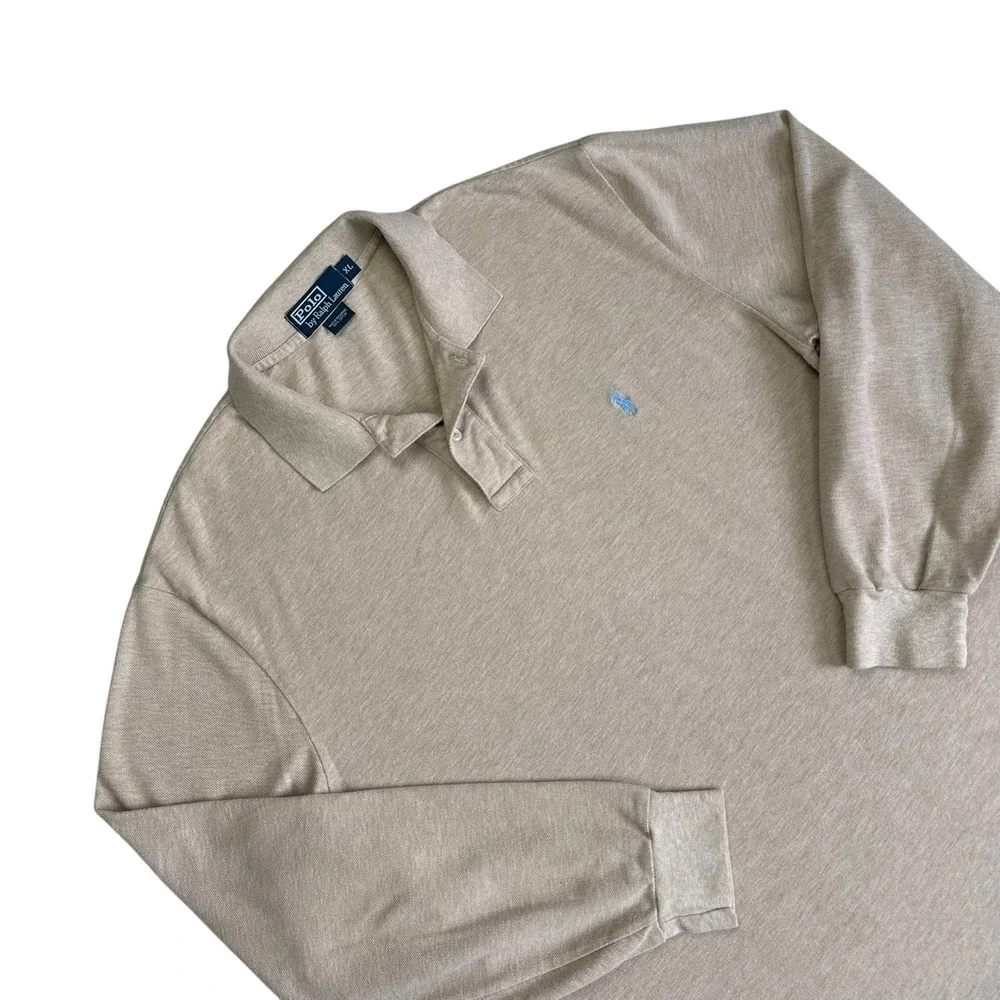 Vtg Y2K Polo Ralph Lauren Golf Polo Shirt Long Sleeve Men XL Beige Preppy Rugby